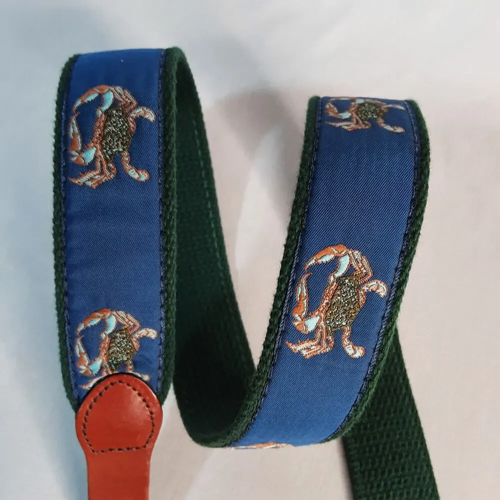 💎Leather Man Ltd TopGrain Leather Ends Blue Embroidered Crab Fabric Green Canvas